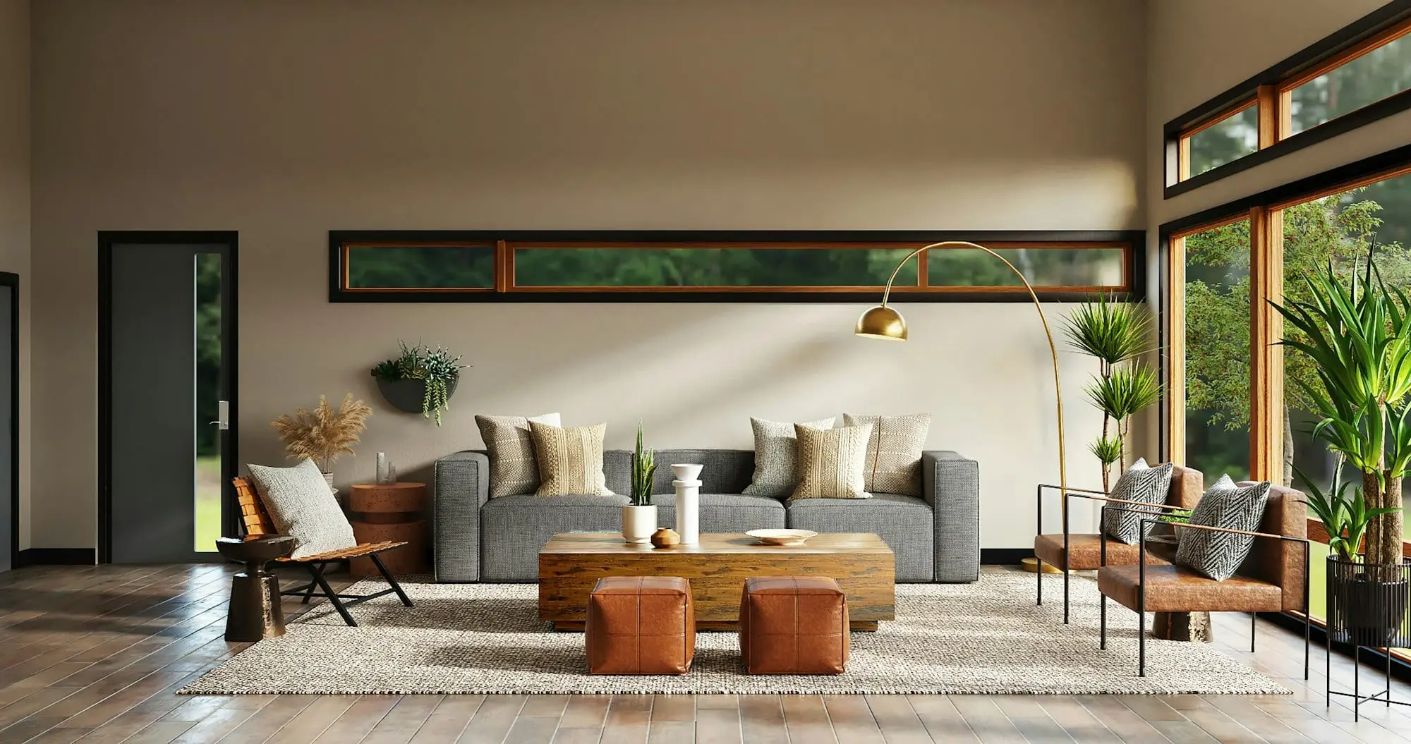 Sala de estar de apartamento reformado com sofá cinza, mesa de centro em madeira e luz natural